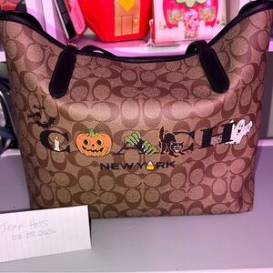 Coach Brown Signature Canvas Tote with Halloween Print
